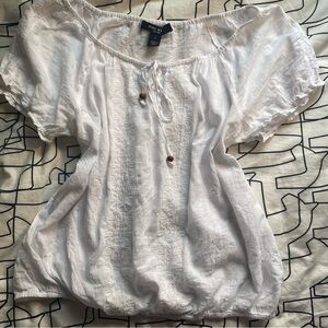 Nine West coquette flowy white linen top with tie and bead details